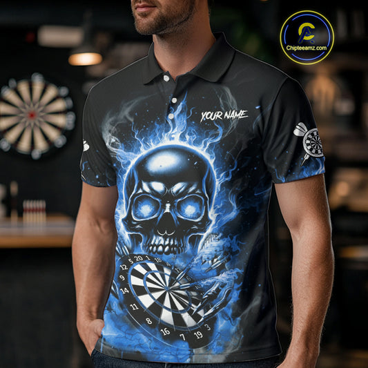 Custom Fire Flame Dartboard Lightning Blue Skull Dart Men Polo Jerseys Dart Team Shirt NYN1674
