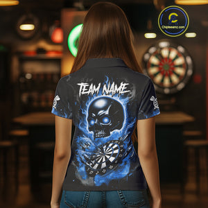 Custom Fire Flame Dartboard Lightning Blue Skull Dart Women Polo Jerseys Dart Team Shirt NYN1674