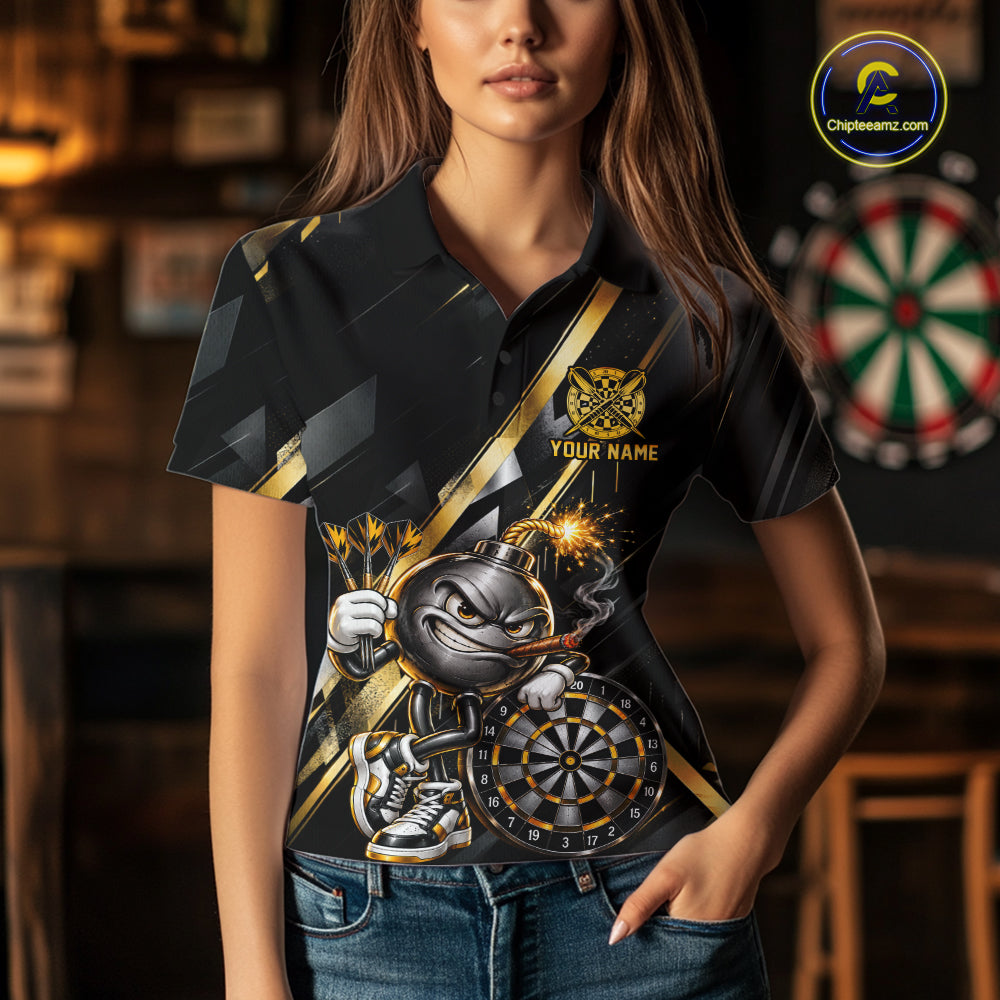 Personalized Black Gold Bomb Darts Polo 1/4-Zip Shirt Customized Funny Darts Team Apparel For Women NYN4844