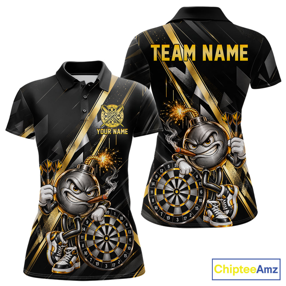 Personalized Black Gold Bomb Darts Polo 1/4-Zip Shirt Customized Funny Darts Team Apparel For Women NYN4844