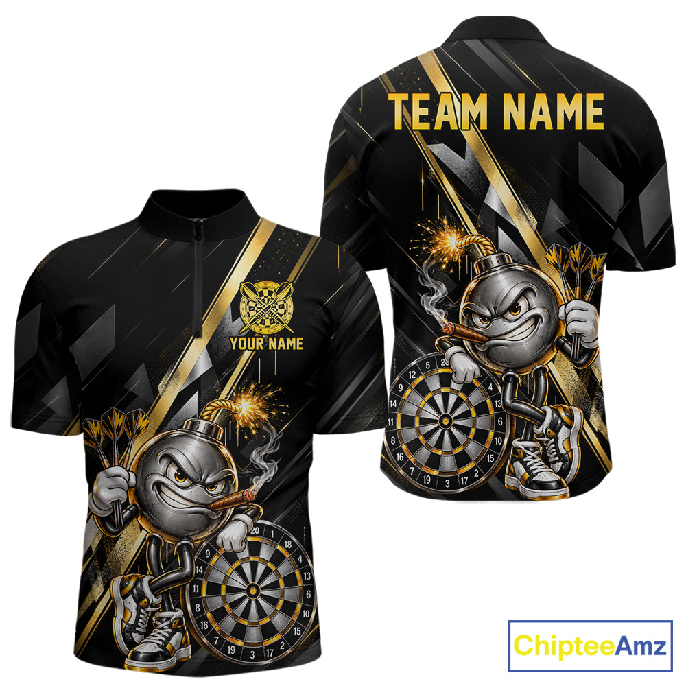Personalized Black Gold Bomb Darts Polo 1/4-Zip Shirt Customized Funny Darts Team Apparel For Men NYN4844