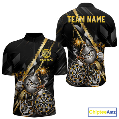 Personalized Black Gold Bomb Darts Polo 1/4-Zip Shirt Customized Funny Darts Team Apparel For Men NYN4844