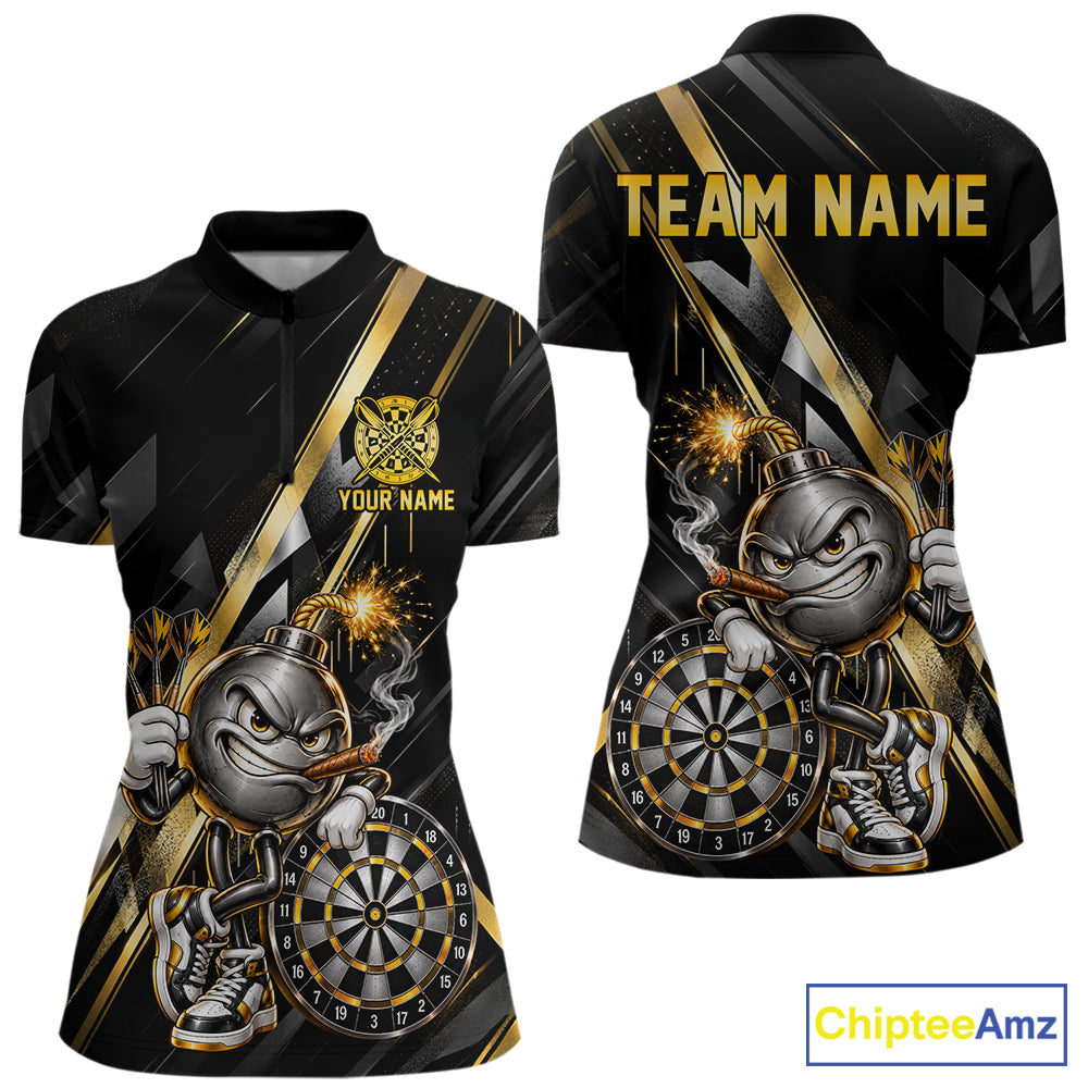 Personalized Black Gold Bomb Darts Polo 1/4-Zip Shirt Customized Funny Darts Team Apparel For Women NYN4844