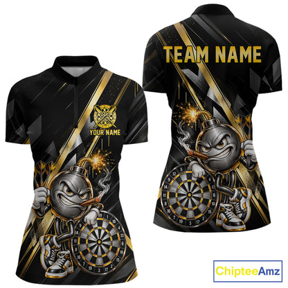 Personalized Black Gold Bomb Darts Polo 1/4-Zip Shirt Customized Funny Darts Team Apparel For Women NYN4844
