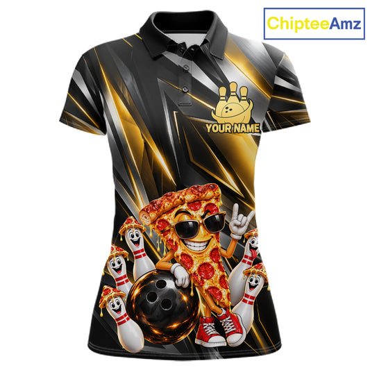 Funny Bowling Polo 1/4-Zip Shirt For Women Custom Rock-On Pizza Bowling Team Jersey Funny Bowler Shirt NYN4853