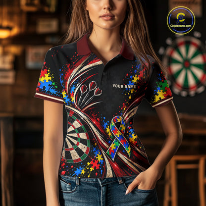 Puzzle Ribbon Darts Polo 1/4-Zip Shirt For Women Custom Name Autism Awareness Darts Team Jersey NYN4857