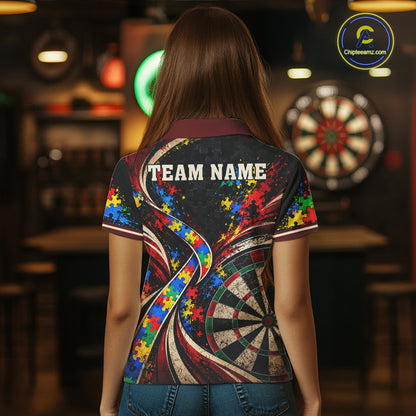 Puzzle Ribbon Darts Polo 1/4-Zip Shirt For Women Custom Name Autism Awareness Darts Team Jersey NYN4857