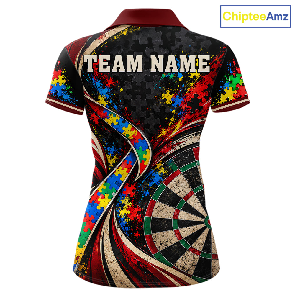 Puzzle Ribbon Darts Polo 1/4-Zip Shirt For Women Custom Name Autism Awareness Darts Team Jersey NYN4857