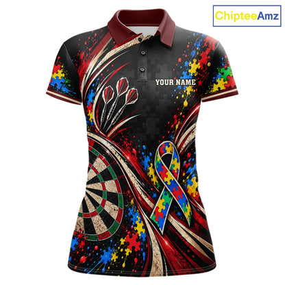 Puzzle Ribbon Darts Polo 1/4-Zip Shirt For Women Custom Name Autism Awareness Darts Team Jersey NYN4857