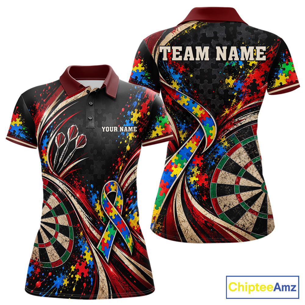 Puzzle Ribbon Darts Polo 1/4-Zip Shirt For Women Custom Name Autism Awareness Darts Team Jersey NYN4857