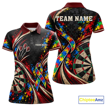 Puzzle Ribbon Darts Polo 1/4-Zip Shirt For Women Custom Name Autism Awareness Darts Team Jersey NYN4857