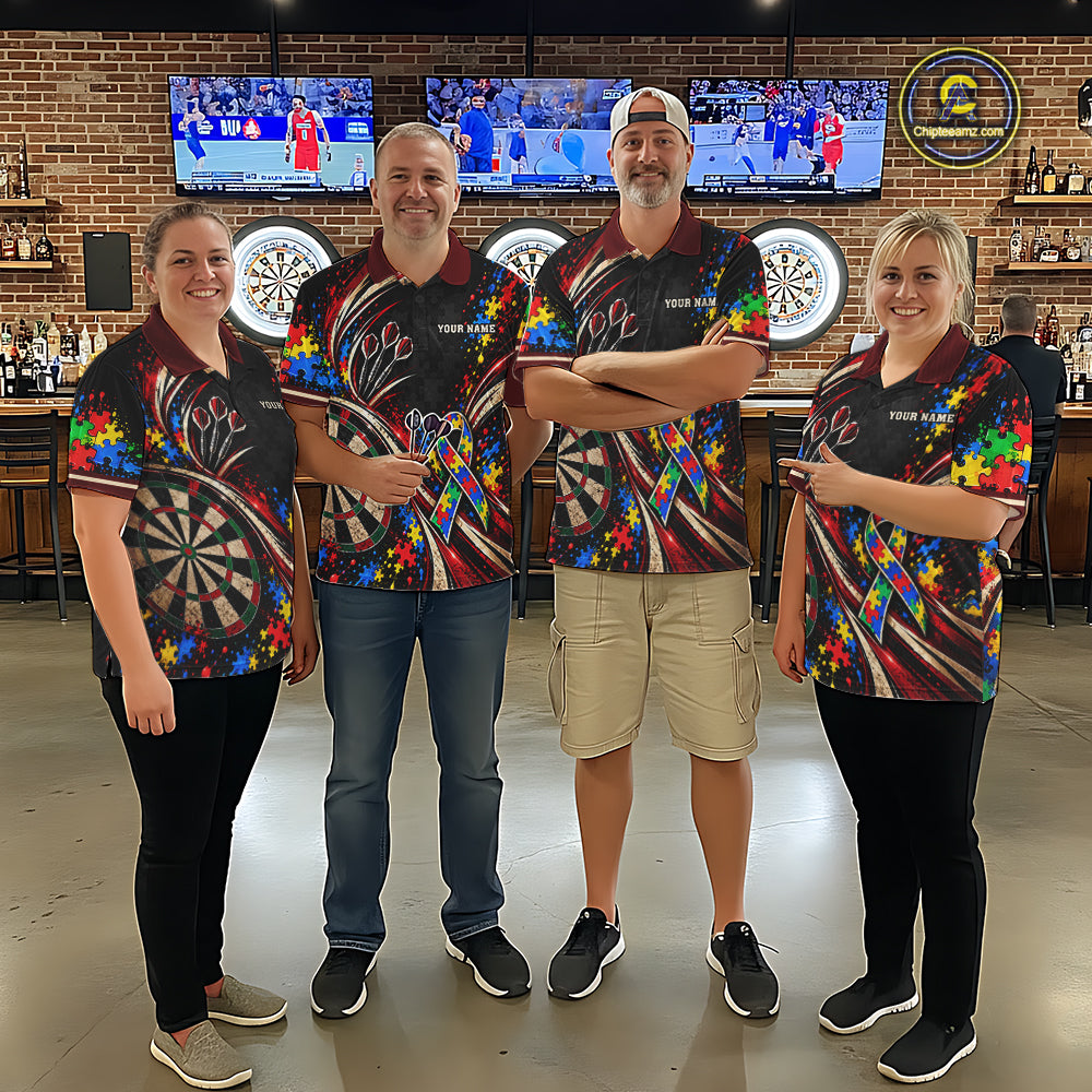 Puzzle Ribbon Darts Polo 1/4-Zip Shirt For Women Custom Name Autism Awareness Darts Team Jersey NYN4857