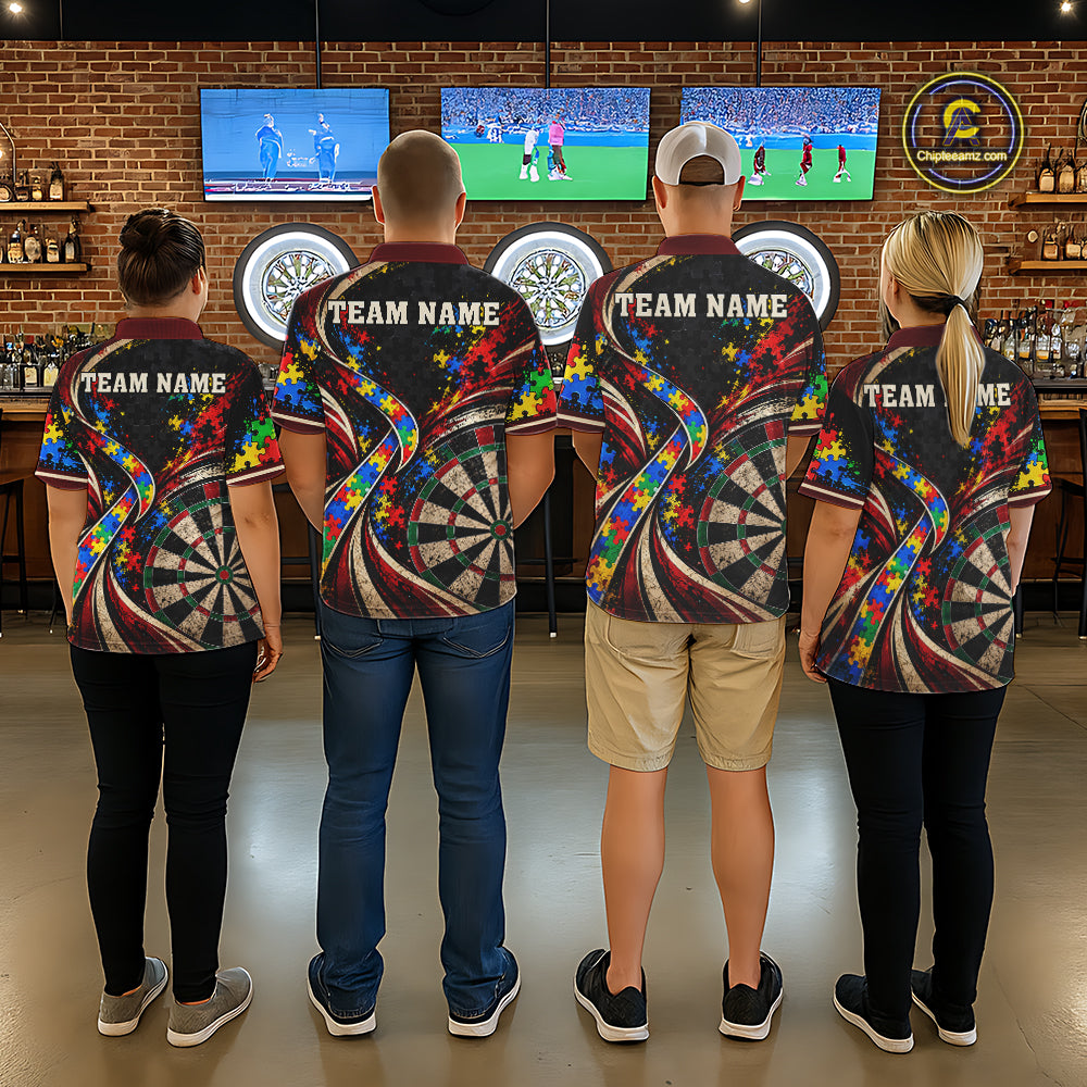 Puzzle Ribbon Darts Polo 1/4-Zip Shirt For Women Custom Name Autism Awareness Darts Team Jersey NYN4857