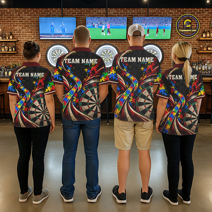 Puzzle Ribbon Darts Polo 1/4-Zip Shirt For Women Custom Name Autism Awareness Darts Team Jersey NYN4857