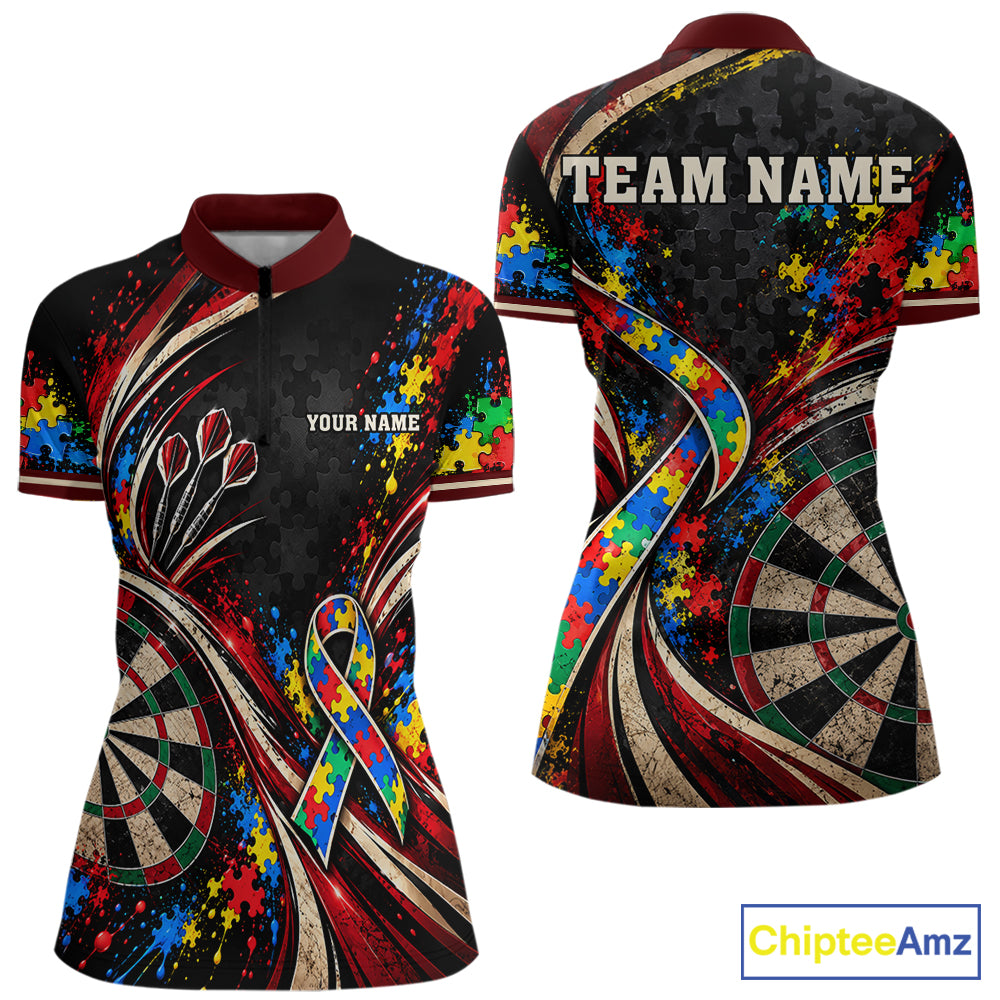 Puzzle Ribbon Darts Polo 1/4-Zip Shirt For Women Custom Name Autism Awareness Darts Team Jersey NYN4857