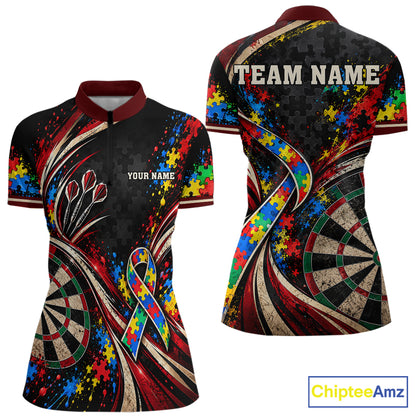 Puzzle Ribbon Darts Polo 1/4-Zip Shirt For Women Custom Name Autism Awareness Darts Team Jersey NYN4857