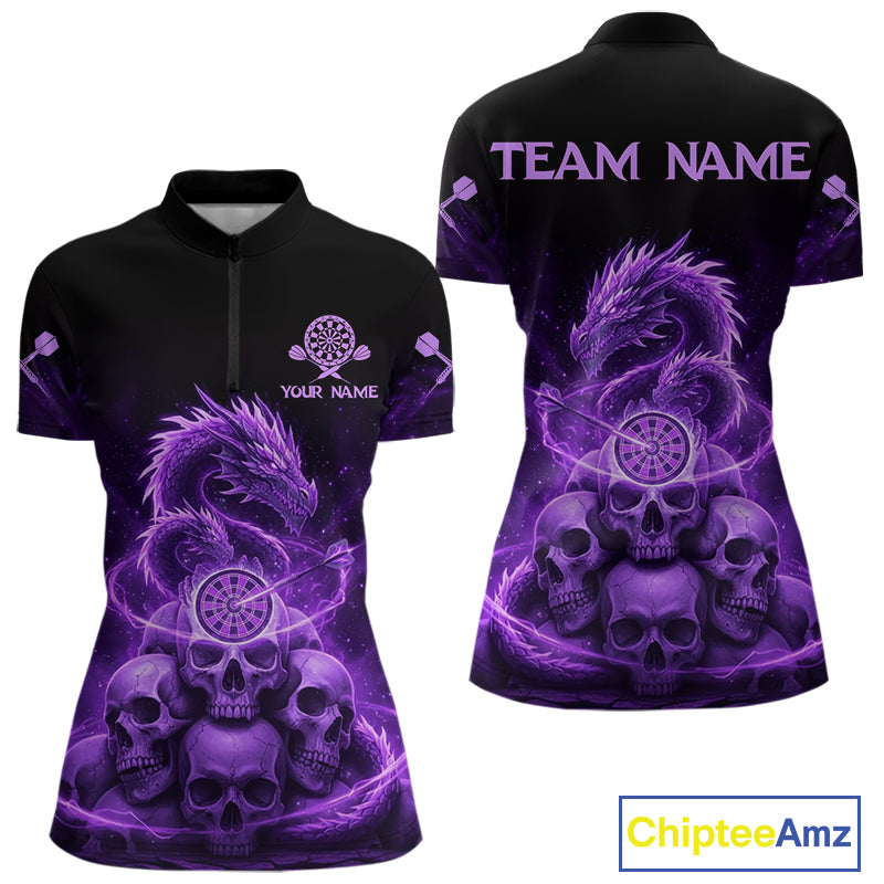 Custom Purple Galaxy Dragon Skulls Dartboard Women Darts Quarter-Zip Shirt Dart Team Jerseys NYN1932