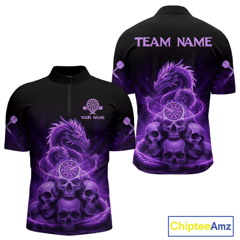 Custom Purple Galaxy Dragon Skulls Dartboard Men Darts Quarter-Zip Shirt Dart Team Jerseys NYN1932
