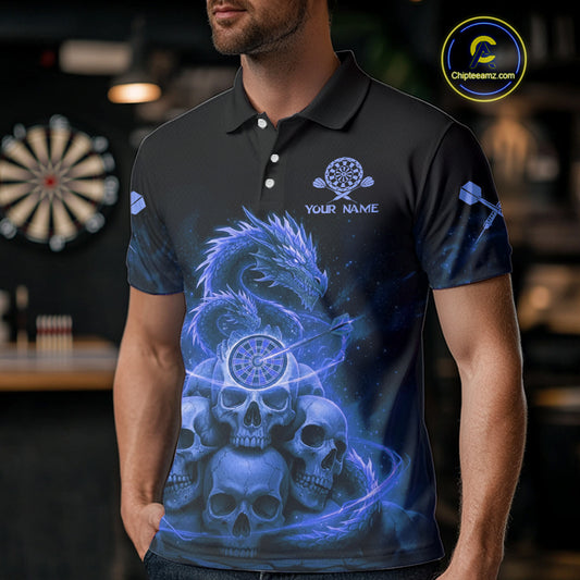 Custom Blue Galaxy Dragon Skulls Dartboard Men Darts Polo Shirt Dart Team Jerseys NYN1934