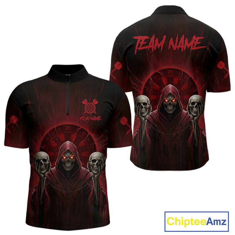 Custom Red Grim Reaper Grey Skull Dartboard Men Darts Quarter-Zip Shirt Grunge Dart Jerseys NYN1935