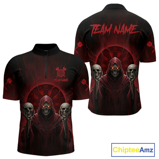 Custom Red Grim Reaper Grey Skull Dartboard Men Darts Quarter-Zip Shirt Grunge Dart Jerseys NYN1935