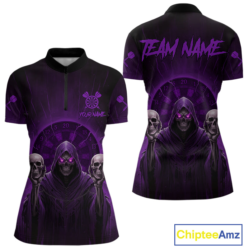 Custom Purple Grim Reaper Grey Skull Dartboard Women Darts Quarter-Zip Shirt Grunge Dart Jerseys NYN1936