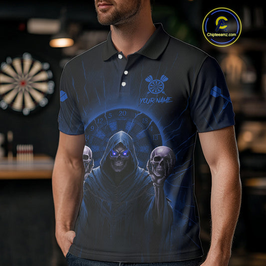 Custom Blue Grim Reaper Grey Skull Dartboard Men Darts Polo Shirt Grunge Dart Jerseys NYN1937