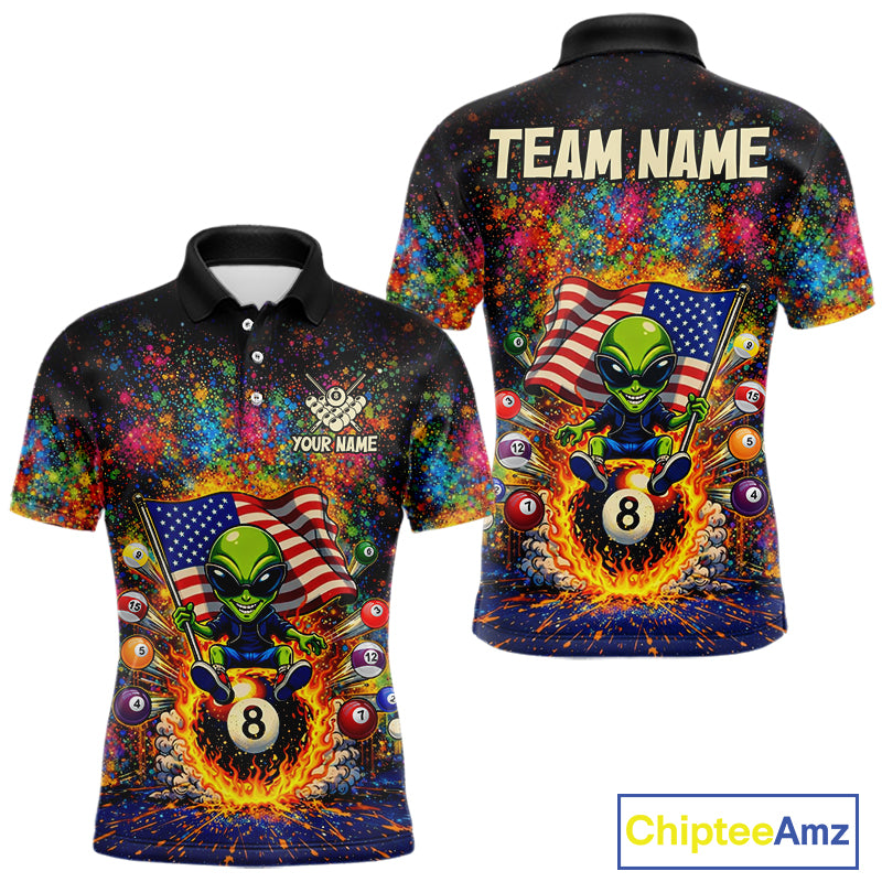 Colorful Splatter Funny Alien Fire 8 Ball Men Billiards Shirt Personalized Pool Balls Billiard Attire NYN2687