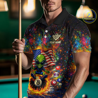 Colorful Splatter Funny Alien Fire 8 Ball Men Billiards Shirt Personalized Pool Balls Billiard Attire NYN2687