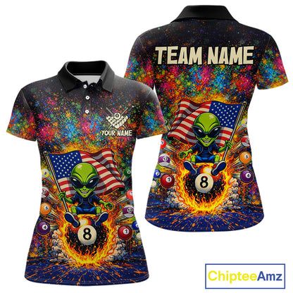 Colorful Splatter Funny Alien Fire 8 Ball Women Billiards Shirt Personalized Pool Balls Billiard Attire NYN2687