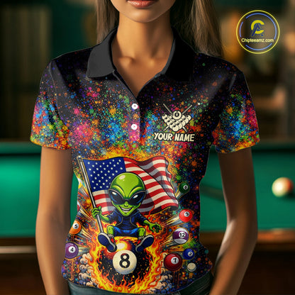 Colorful Splatter Funny Alien Fire 8 Ball Women Billiards Shirt Personalized Pool Balls Billiard Attire NYN2687