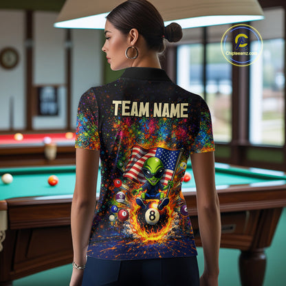 Colorful Splatter Funny Alien Fire 8 Ball Women Billiards Shirt Personalized Pool Balls Billiard Attire NYN2687