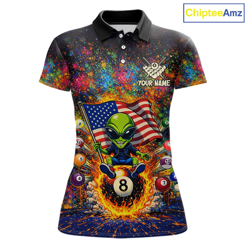 Colorful Splatter Funny Alien Fire 8 Ball Women Billiards Shirt Personalized Pool Balls Billiard Attire NYN2687