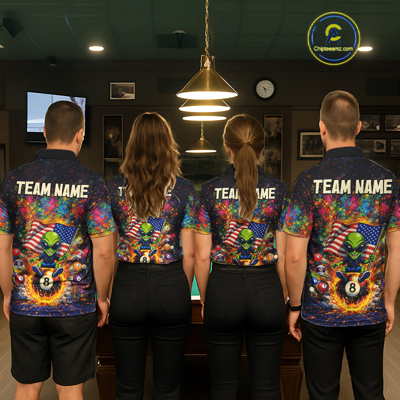 Colorful Splatter Funny Alien Fire 8 Ball Men Billiards Shirt Personalized Pool Balls Billiard Attire NYN2687