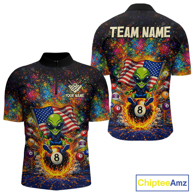 Colorful Splatter Funny Alien Fire 8 Ball Men Billiards Shirt Personalized Pool Balls Billiard Attire NYN2687