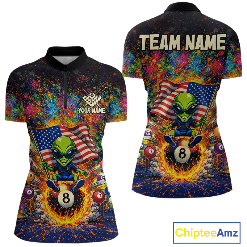 Colorful Splatter Funny Alien Fire 8 Ball Women Billiards Shirt Personalized Pool Balls Billiard Attire NYN2687
