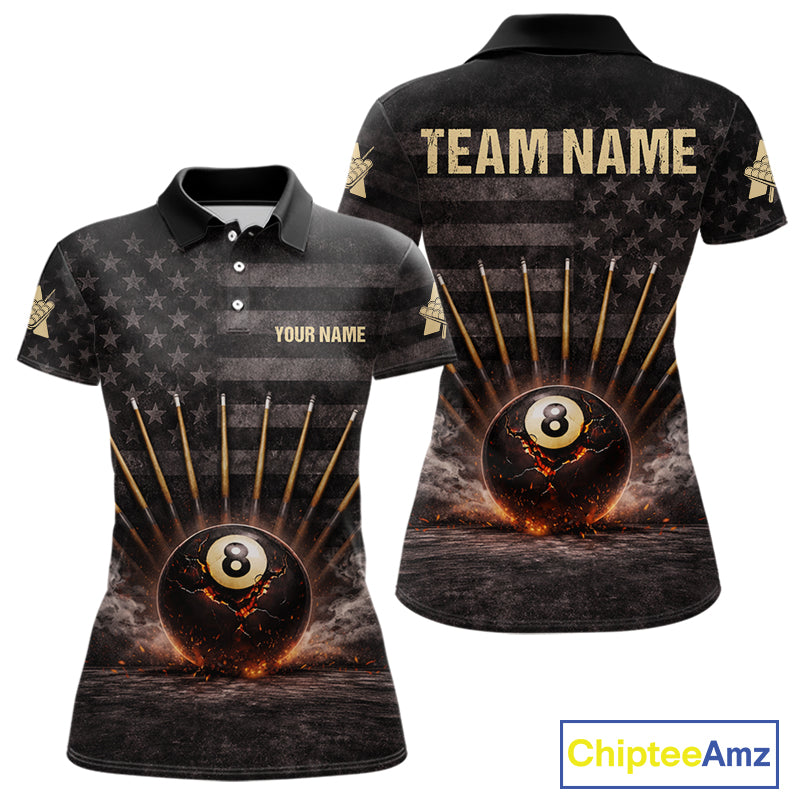 American Flag Cracked Ball 8 Billiards Pool Sticks Shirt For Women Custom Grunge Billiard Balls Attire NYN2691