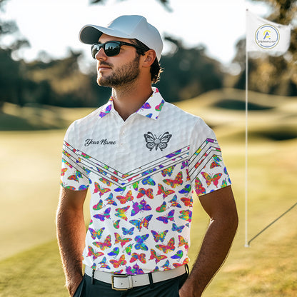 Butterfly Mens White Pattern Golf Polo Shirt Custom Name Floral Colorful Watercolor Golf Shirts NYN2846