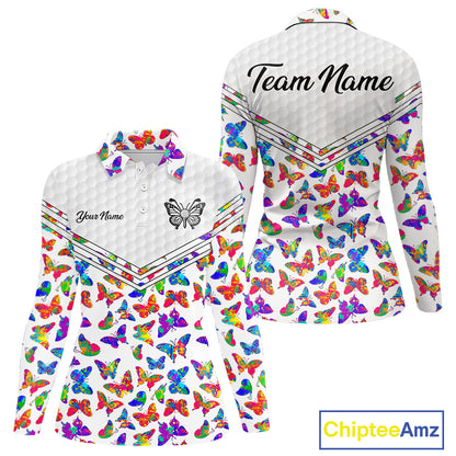 Butterfly Womens White Pattern Golf Polo Shirt Custom Name Floral Colorful Watercolor Golf Shirts NYN2846