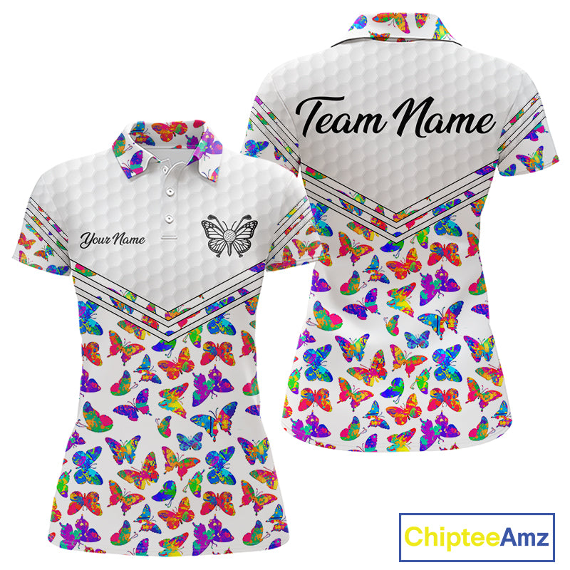 Butterfly Womens White Pattern Golf Polo Shirt Custom Name Floral Colorful Watercolor Golf Shirts NYN2846