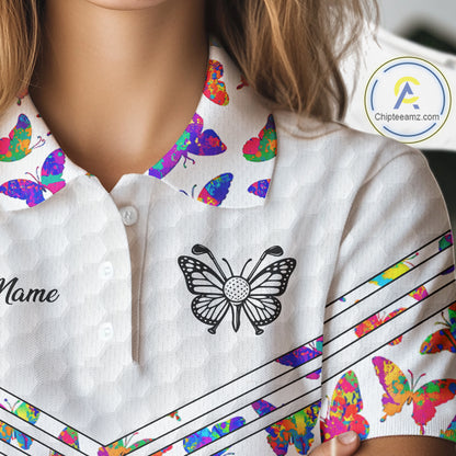 Butterfly Womens White Pattern Golf Polo Shirt Custom Name Floral Colorful Watercolor Golf Shirts NYN2846
