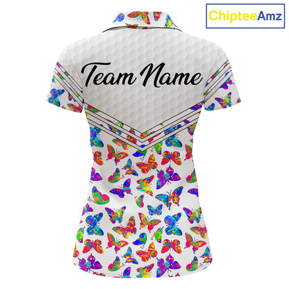 Butterfly Womens White Pattern Golf Polo Shirt Custom Name Floral Colorful Watercolor Golf Shirts NYN2846