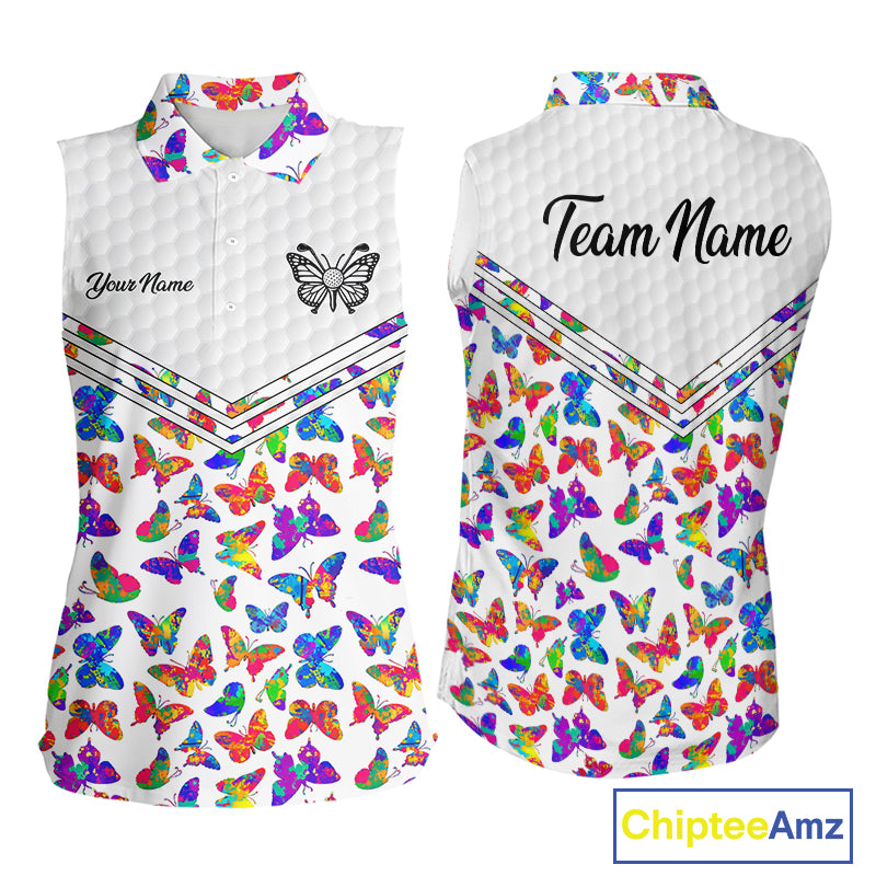 Butterfly Womens White Pattern Golf Sleeveless Polo Shirt Custom Name Floral Colorful Watercolor Golf Shirts NYN2846