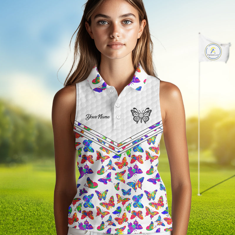 Butterfly Womens White Pattern Golf Sleeveless Polo Shirt Custom Name Floral Colorful Watercolor Golf Shirts NYN2846