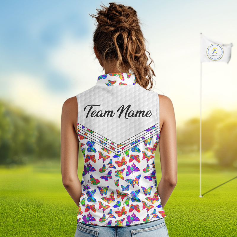 Butterfly Womens White Pattern Golf Sleeveless Polo Shirt Custom Name Floral Colorful Watercolor Golf Shirts NYN2846