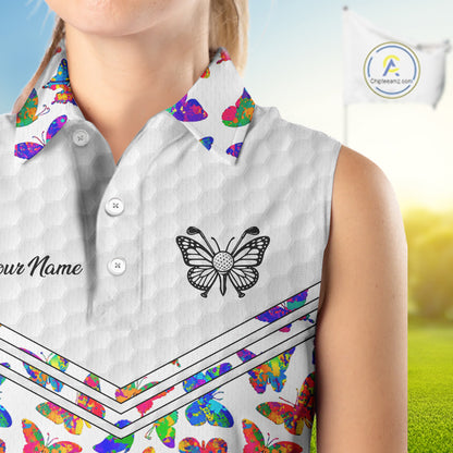 Butterfly Womens White Pattern Golf Sleeveless Polo Shirt Custom Name Floral Colorful Watercolor Golf Shirts NYN2846