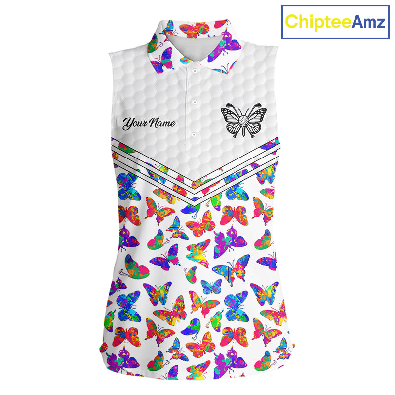 Butterfly Womens White Pattern Golf Sleeveless Polo Shirt Custom Name Floral Colorful Watercolor Golf Shirts NYN2846