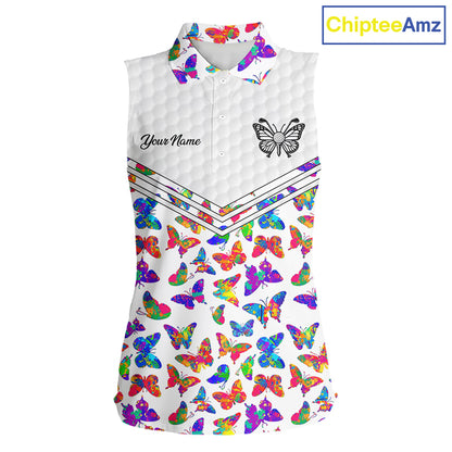 Butterfly Womens White Pattern Golf Sleeveless Polo Shirt Custom Name Floral Colorful Watercolor Golf Shirts NYN2846