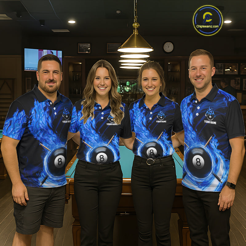 Personalized Blue 8 Ball Fire Flame Billiard Polo & 1/4-Zip For Men 8 Ball Pool Team Jersey NYN2847