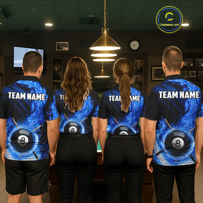 Personalized Blue 8 Ball Fire Flame Billiard Polo & 1/4-Zip For Men 8 Ball Pool Team Jersey NYN2847